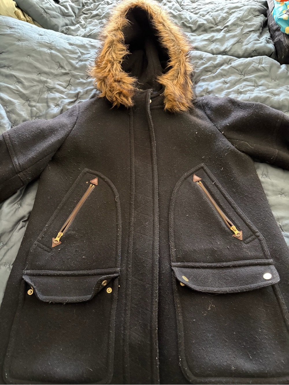 J Crew black stadium jacket with hood with removable fur trim
